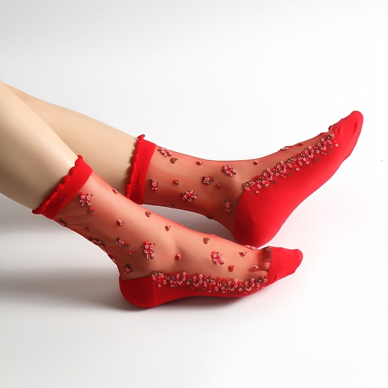6 Pairs Floral Print Crystal Glass Socks Breathable Cotton Women's Stockings