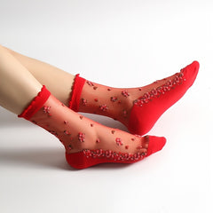 6 Pairs Floral Print Crystal Glass Socks Breathable Cotton Women's Stockings