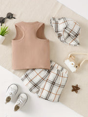 3pc Baby Boys Camera Print Tank Top Plaid Shorts Fisherman Hat Set