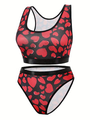 Heart Print Racer Back Tank Bra & Panty Lingerie Set