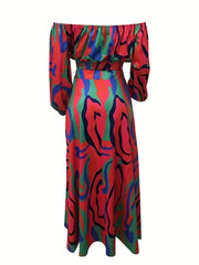 Abstract Print Two Piece Skirt Set Off Shoulder Crop Top & High Split Skirt