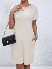Casual Rolled Sleeve Dress with Pockets
