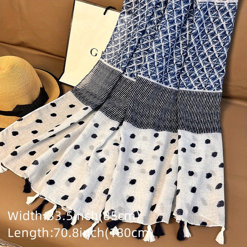 Geometric Print Tassel Scarf Vintage Block Shawl Windproof Head Wrap