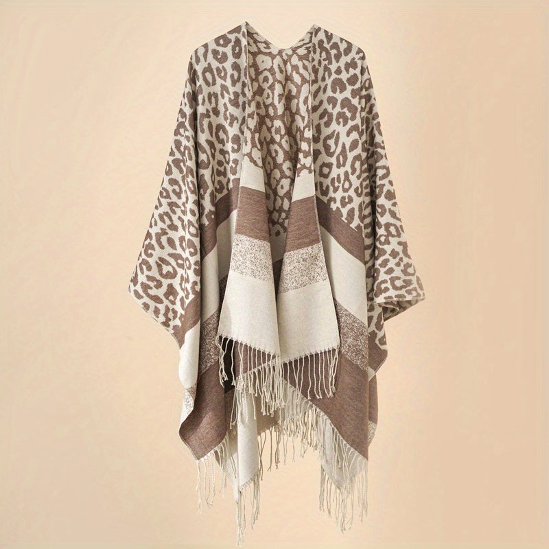 Leopard Print Striped Shawl Warm Windproof Fringed Shawl Wrap