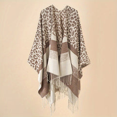 Leopard Print Striped Shawl Warm Windproof Fringed Shawl Wrap