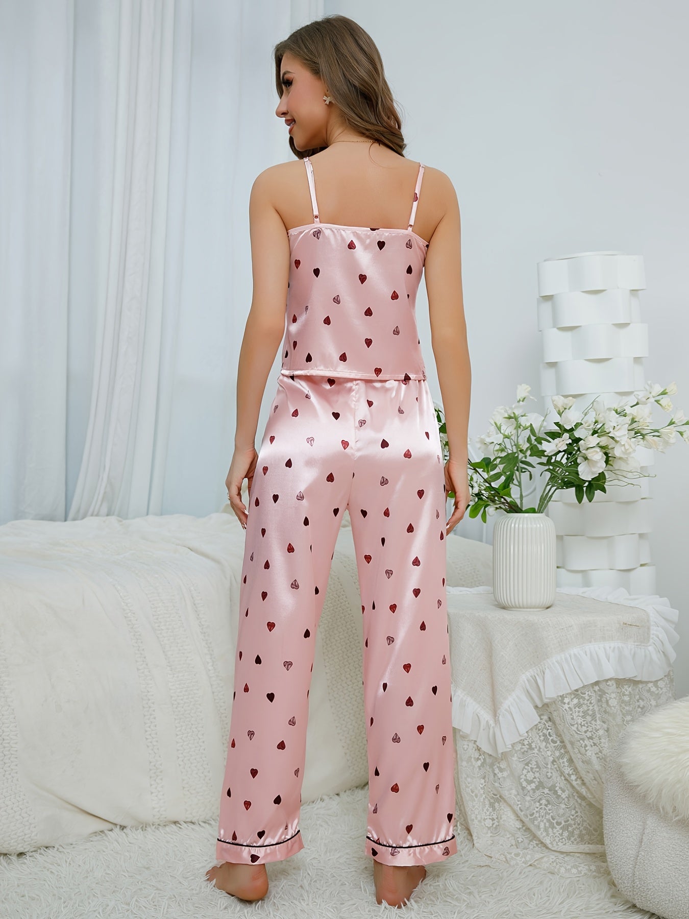 Heart Print Pajama Set V Neck Cami Top & Elastic Waistband Pants