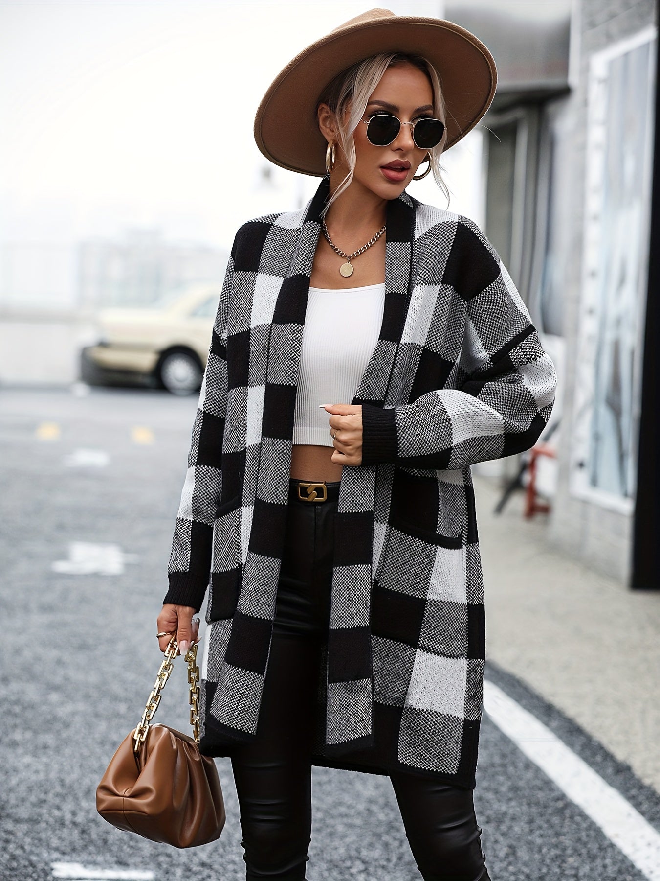 Gingham Print Open Front Cardigan