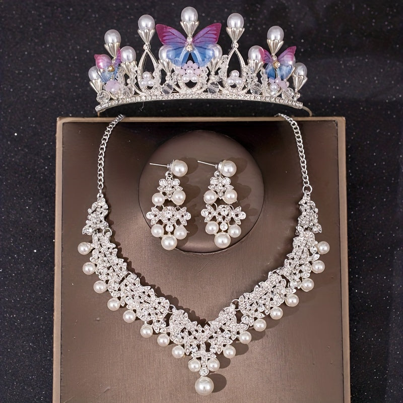 3PCS Faux Pearl Crown Earrings Necklace Set Head Jewelry