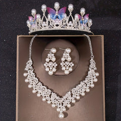 3PCS Faux Pearl Crown Earrings Necklace Set Head Jewelry