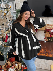Brush Print Long Sleeve Surplice Neck Peplum Top