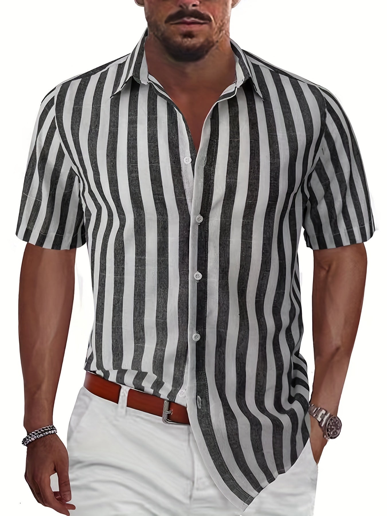 Stripe Print Men's Casual Short Sleeve Shirt