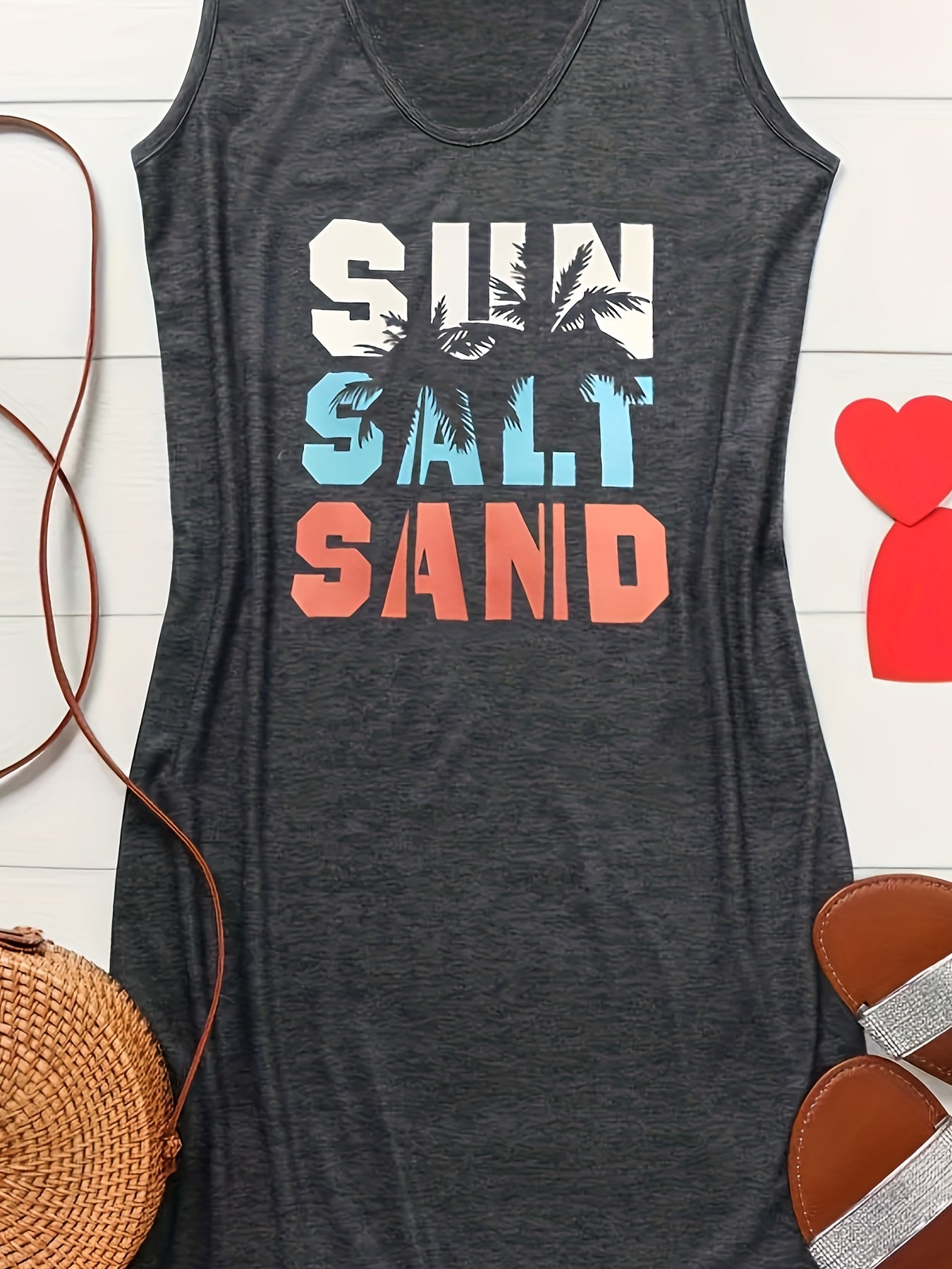 Casual Tank Dress Women's Plus Art Letter & Coconut Tree Print Round Neck
