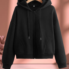 Women's Solid Zip Up Long Sleeve Hoodie Drawstring Sweatshirt