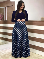 Polka Dot High Waist Maxi Dress Long Sleeve Crew Neck Women's Clothing