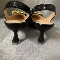 Metallic Chain Decor Mules Cone Heel Point Toe Ankle Buckle Slingback Shoes