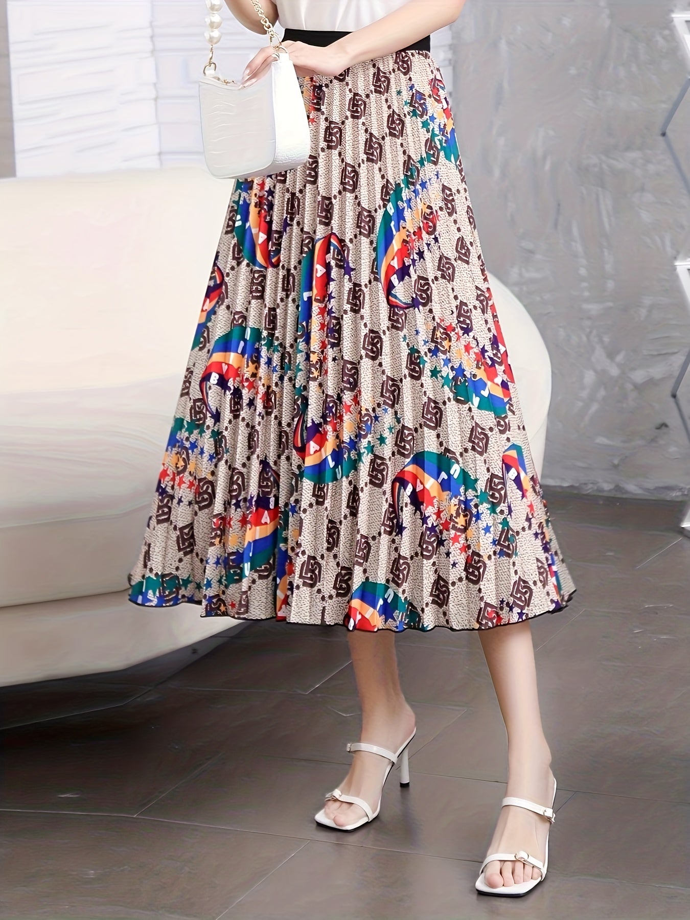 Geometric & Rainbow Print Maxi Skirt