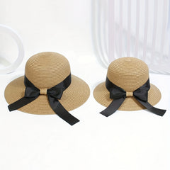 Kids Straw Hat Set with Bow Tie - Parent Child Beach Hat