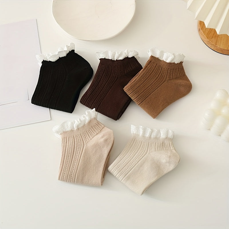 5 Pairs Lace Ruffle Socks Retro Style Sweet & Short Socks Women's Stockings