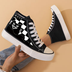 Cartoon Cat & Plaid Canvas High Top Shoes for Women