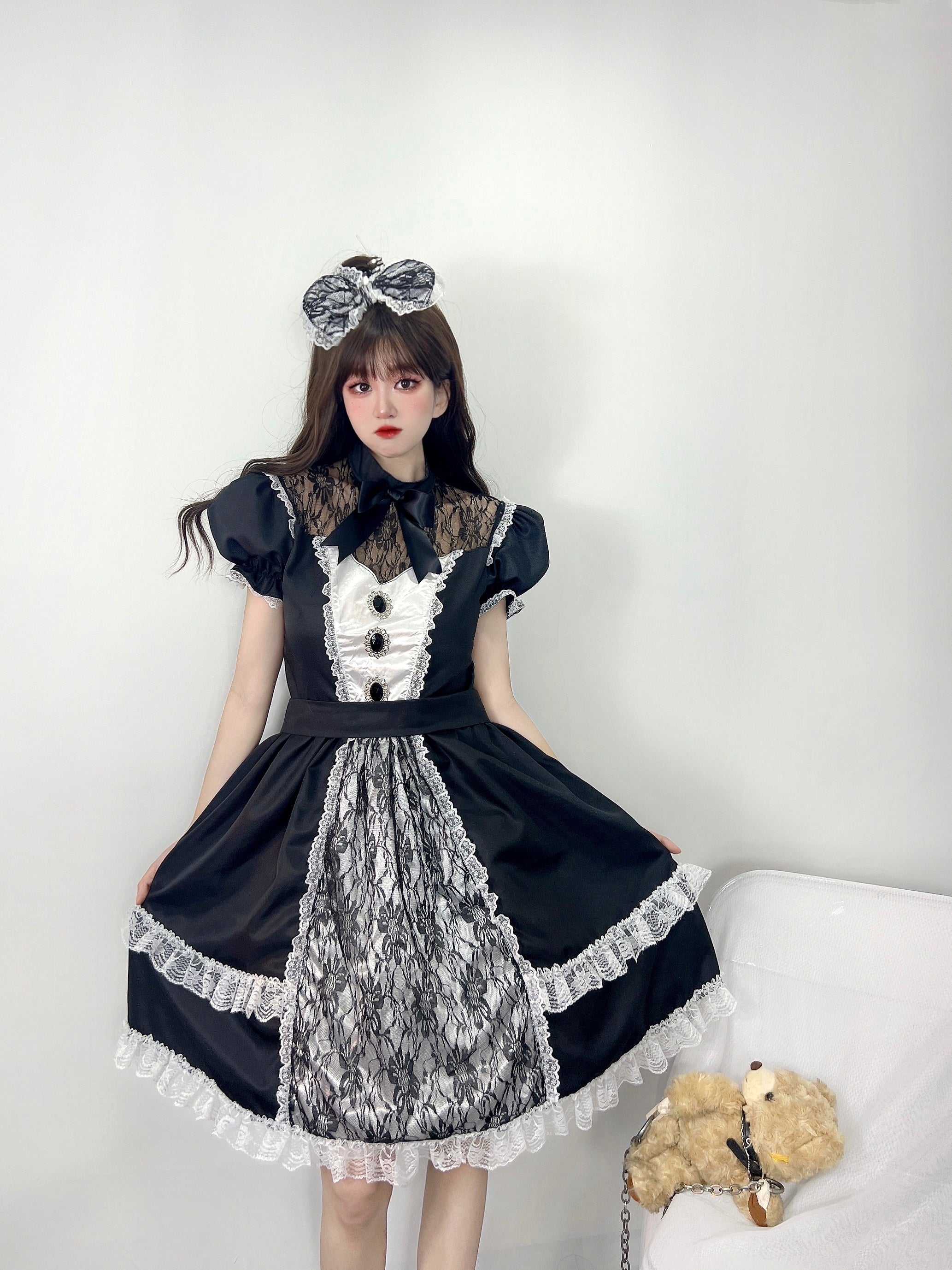 Halloween Lolita Lace Dress Illusion Neckline Puff Sleeve A-Line