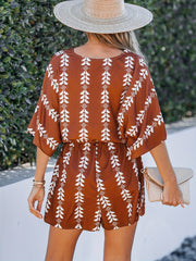 Boho Printed Wide Sleeve Jumpsuit Casual Tie Waist V Neck Short Length