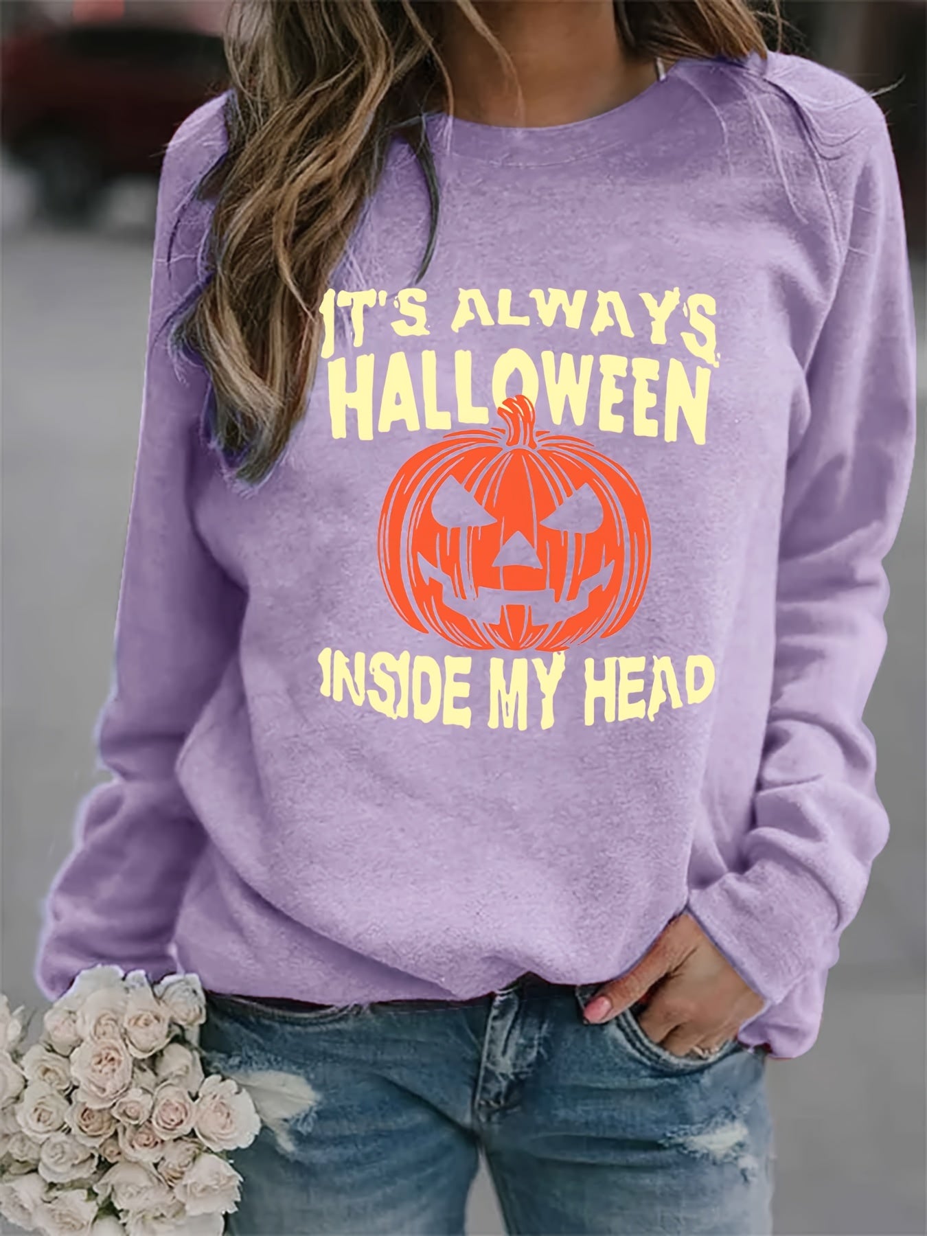 Halloween Jack O' Lantern Sweatshirt Crew Neck Long Sleeve Women's Clothing