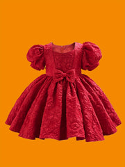 Girl's Preppy Style Puffy Sleeve Bow Dress