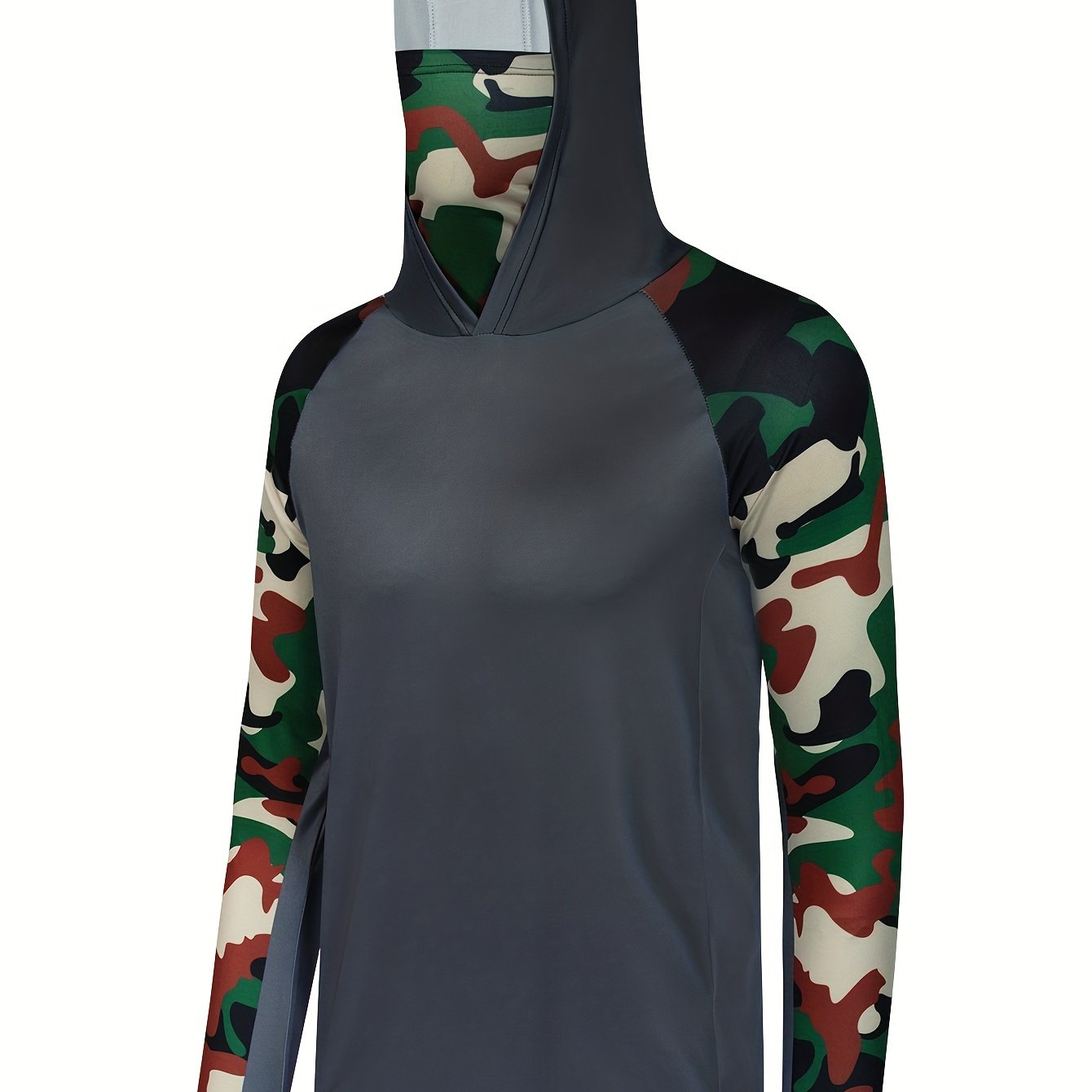 Men's Camo Raglan Sleeve Hoodie w/ Mask Anti UV Sun Protection Fishing Shirt
