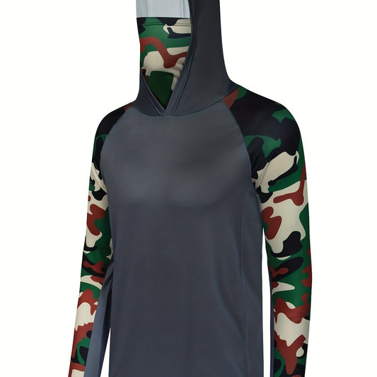 Men's Camo Raglan Sleeve Hoodie w/ Mask Anti UV Sun Protection Fishing Shirt