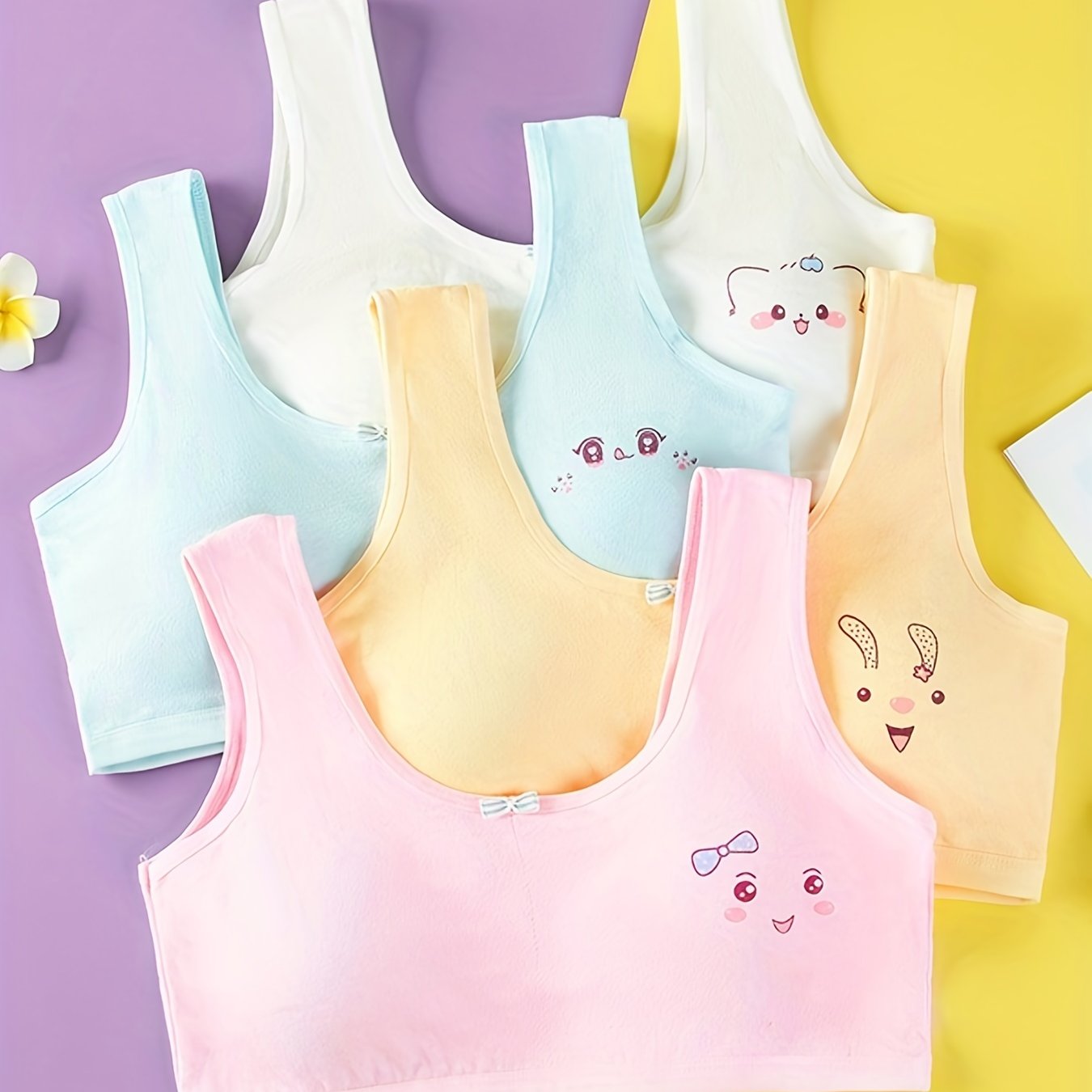 4pcs Girl's Bra Bowknot Decor Underwear No Steel Ring Breathable Bralette 7 13Y