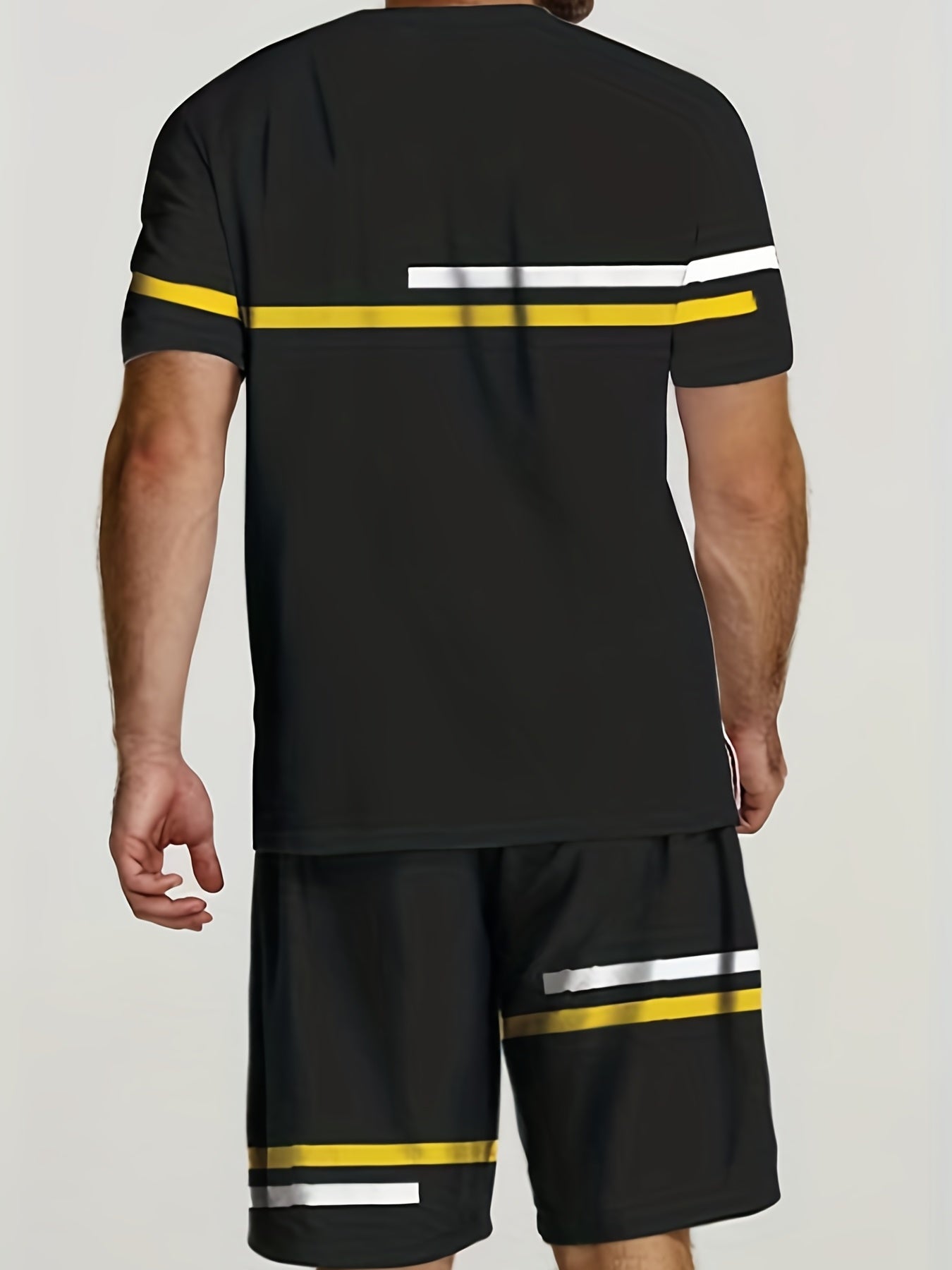 Strip Pattern 2Pcs Outfits Men Crew Neck Tee & Drawstring Shorts Set Summer