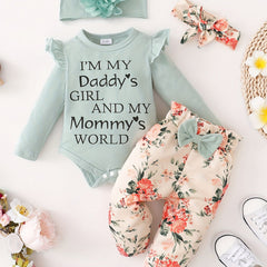 Casual Baby Girls Outfit Long Sleeve Onesie Romper Pants Headbands Gift Set