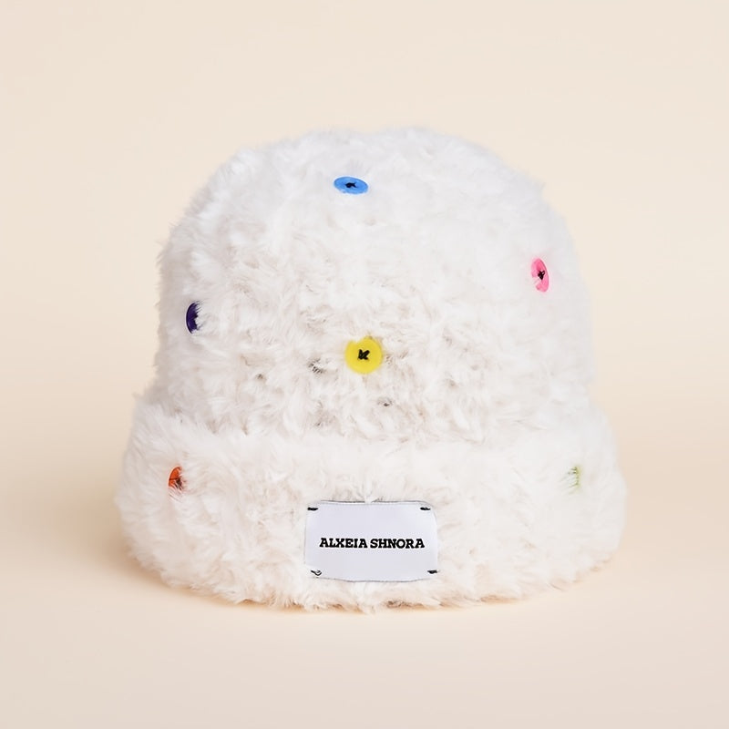 Winter Women's Warm Velvet Hat With Colorful Buttons Solid Thick Bucket Hat