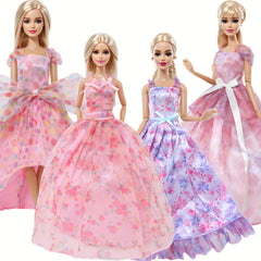 4pcs Doll Outfit Set Pink & Purple Wedding Gown Floral Sundress Tube Top