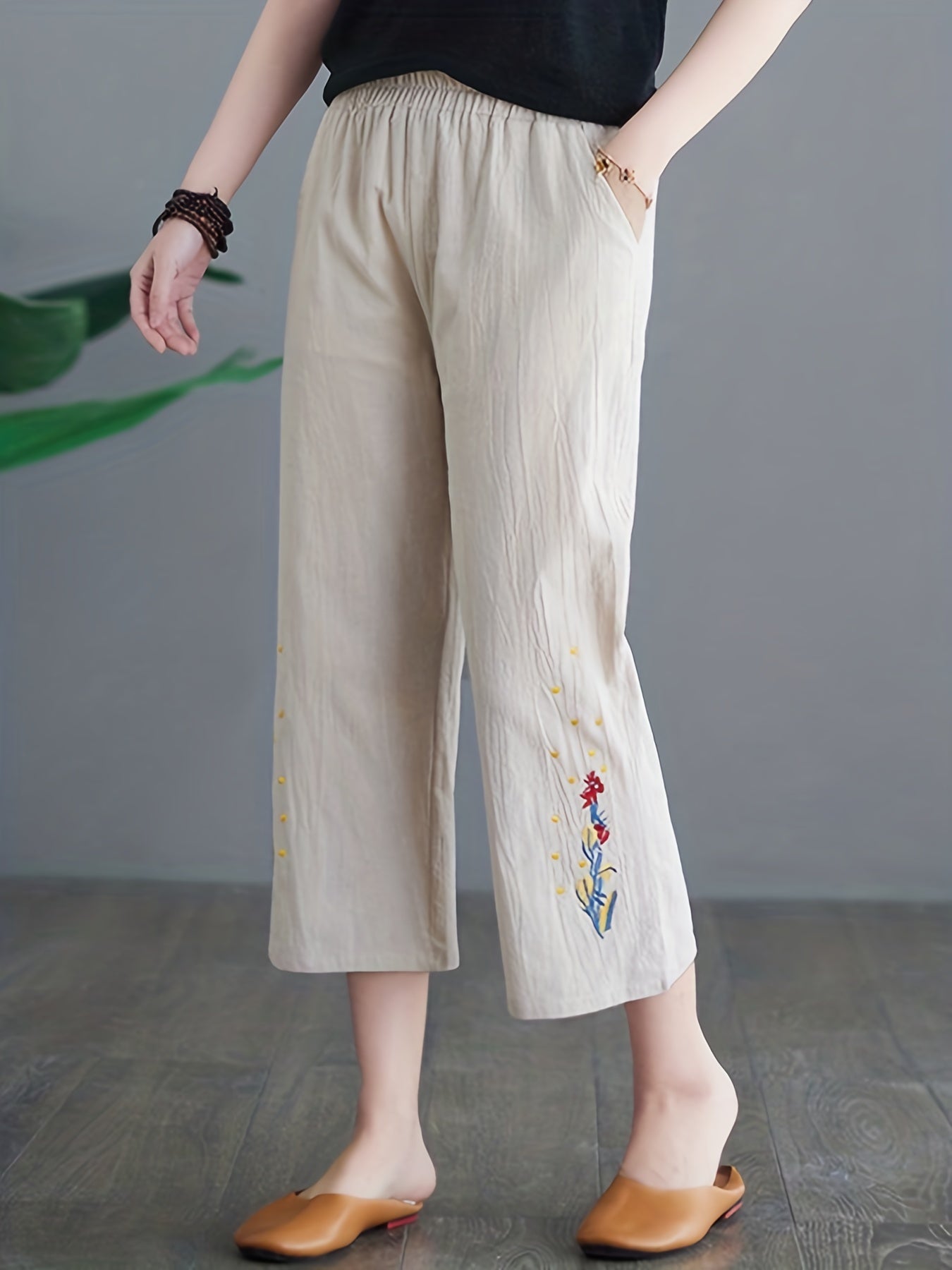 Floral Embroidered Wide Leg Pants High Waist Cropped