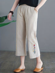 Floral Embroidered Wide Leg Pants High Waist Cropped