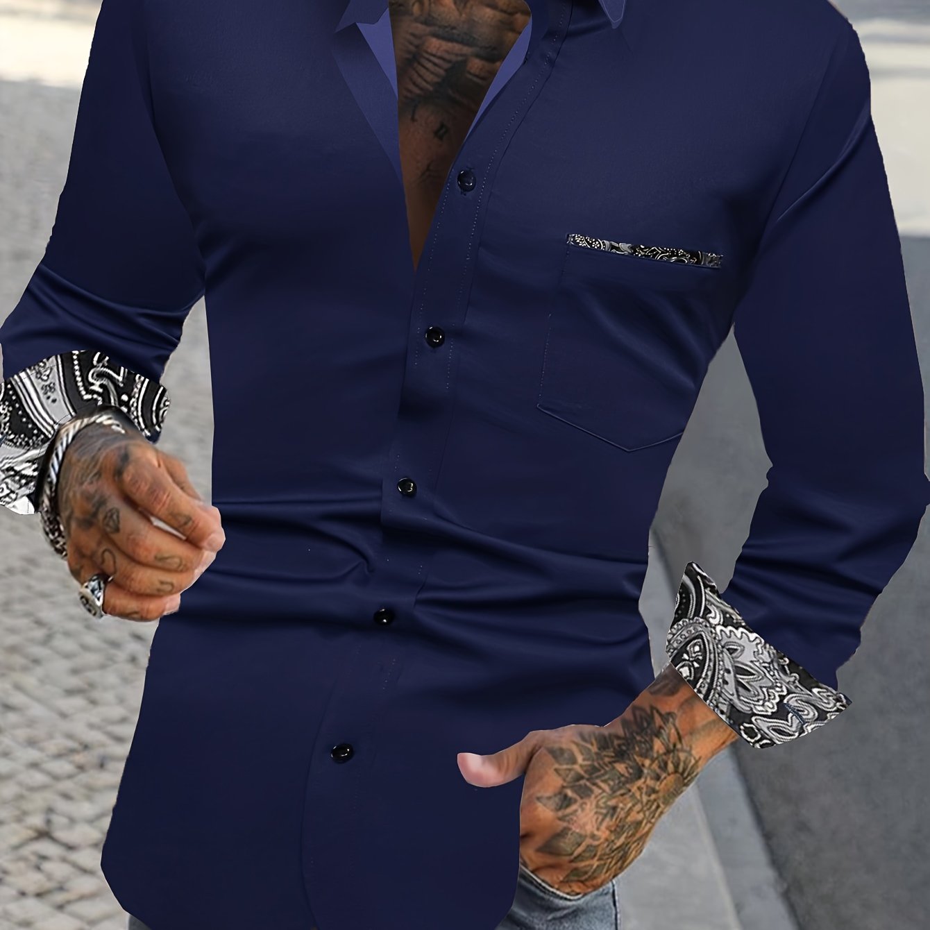Paisley Print Collar Men's Casual Button Up Long Sleeve Shirt