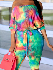 Tie Dye Off Shoulder Romper Jumpsuit Women's Clothing