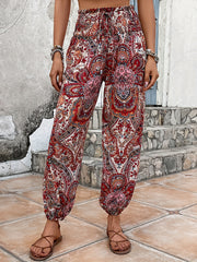 Paisley Print Smocked Waist Joggers Boho Fitted Bottom Pants