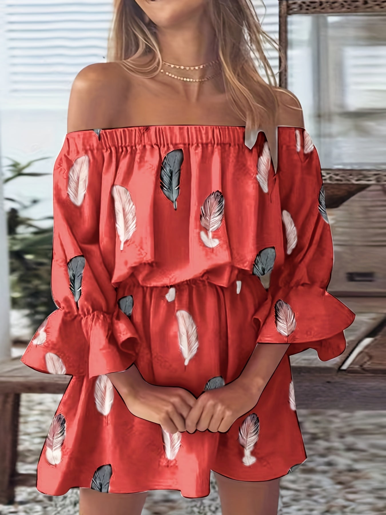 Feather Print Off Shoulder Ruffle Trim Lantern Sleeve Mini Dress