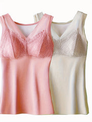 2pcs Lace Thermal Underwear V Neck Sleeveless Top Women's Lingerie