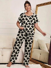 Heart Print Pajama Set Short Sleeve Round Neck Top & Pants