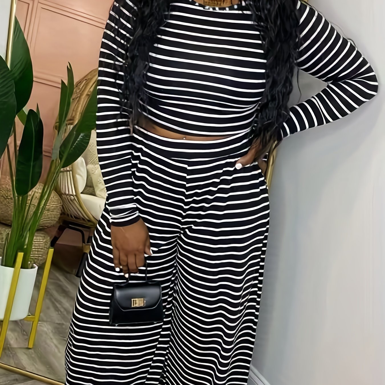Striped Long Sleeve Crop Top & Wide Leg Pants Set