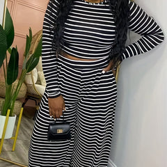 Striped Long Sleeve Crop Top & Wide Leg Pants Set