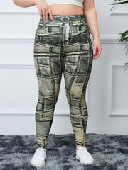 Graphic & Denim Print High Rise Skinny Leggings Women's Plus