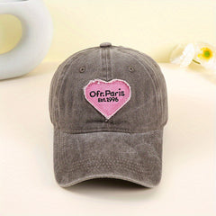 Paris Embroidery Baseball Cap Gray Heart Patch Distressed Dad Hat