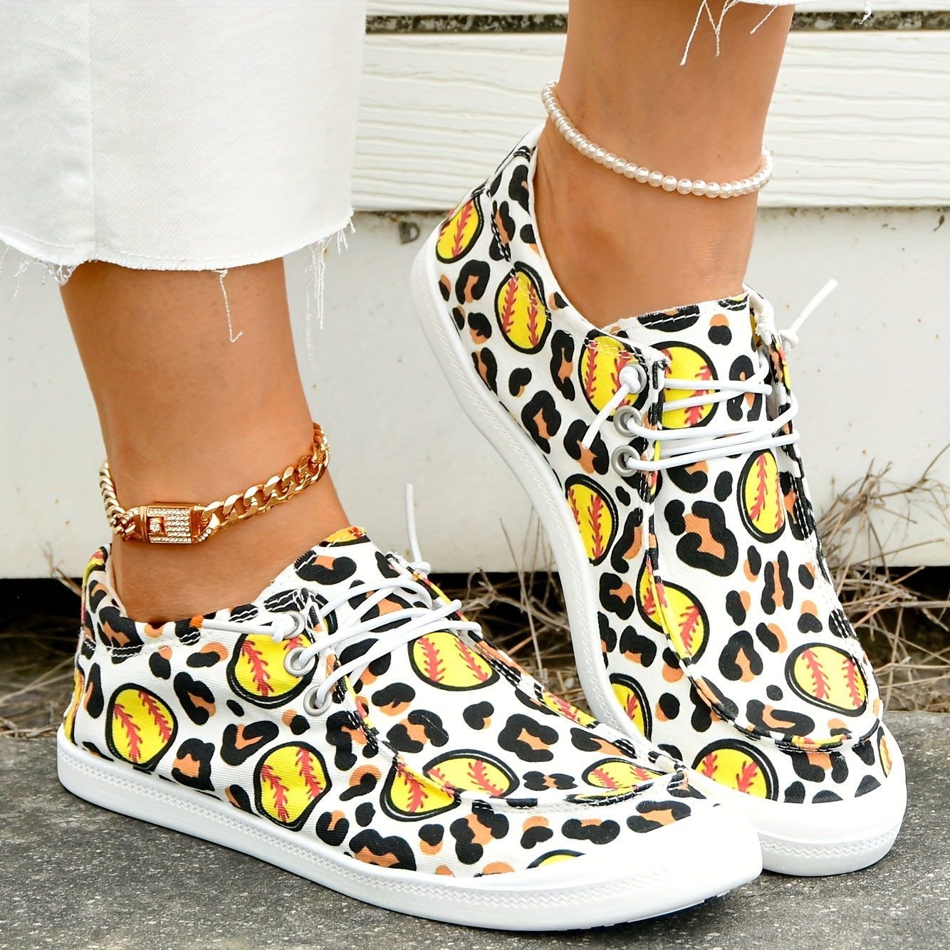 Leopard Baseball Print Flat Walking Shoes Women's Flat Canvas Shoes