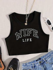 Wife Life Print Crop Tank Top Sleeveless Casual Crop Top For Summer
