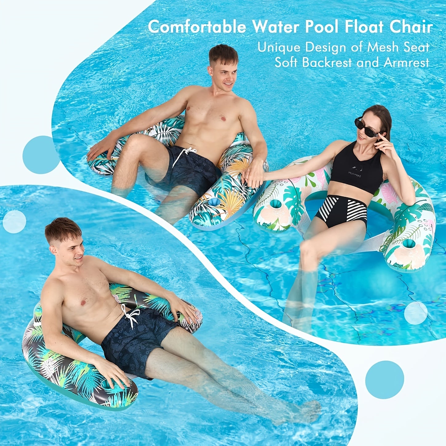 Inflatable Pool Chair Lounge for Adults with Cup Holder & Backrest