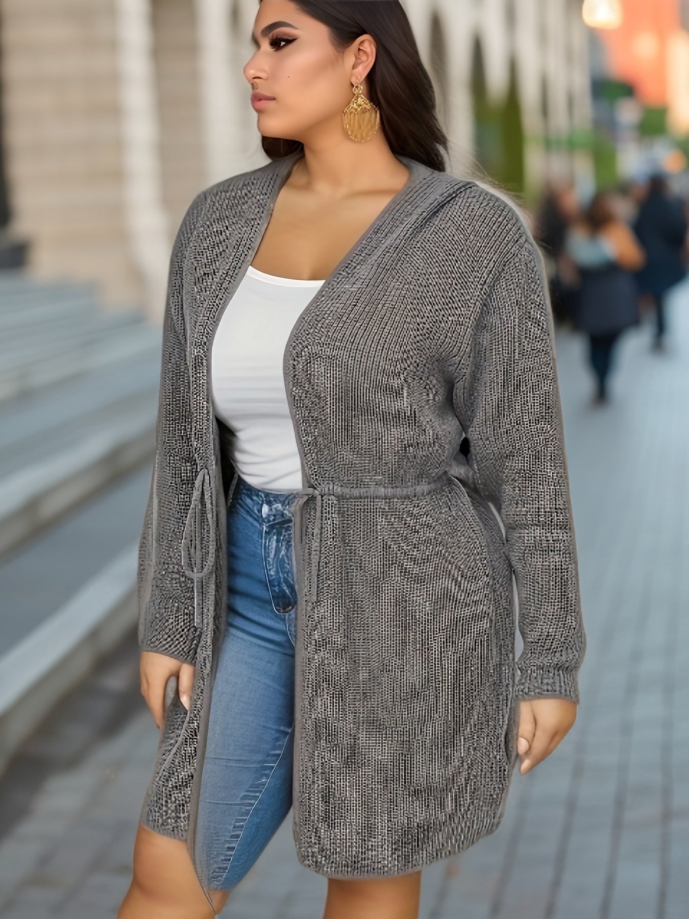 Solid Drawstring Sweater Cardigan Women's Plus Long Sleeve Casual Hood